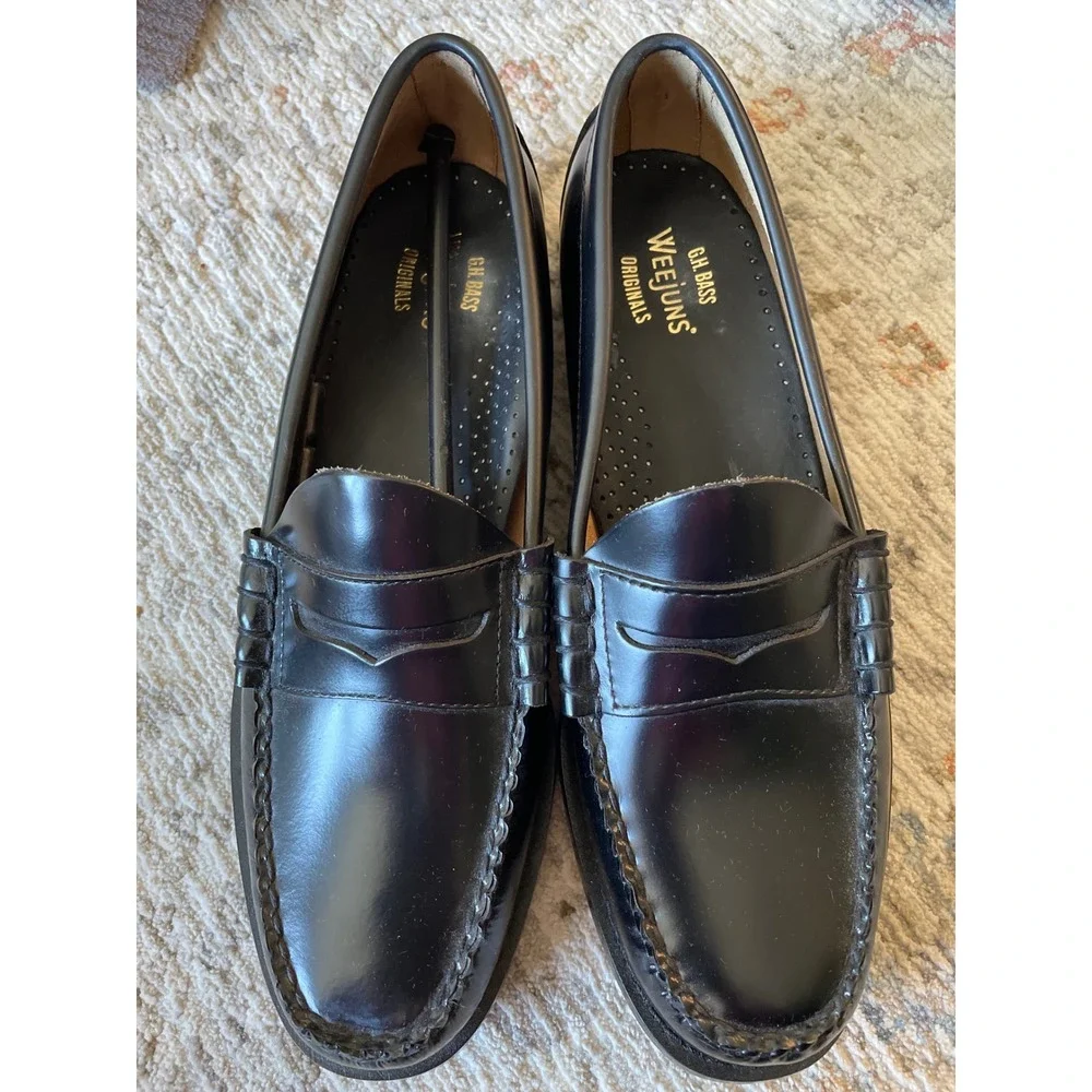 GH Bass Weejuns Larson Black Polished Leather Penny Loafers Mens 10.5D BAZ1W002